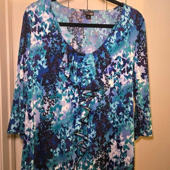 Tops - East 5th brand.  Blue and green butterfly print top with ruffles‎ Size 1X